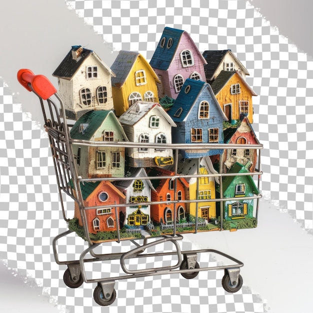 a shopping cart with houses on it and a red object in the middle