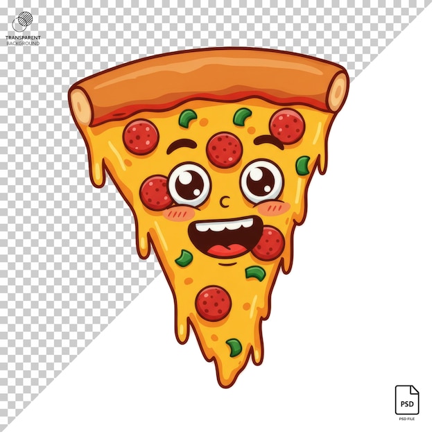 A smiling cartoon pizza slice with big eyes and an excited expression