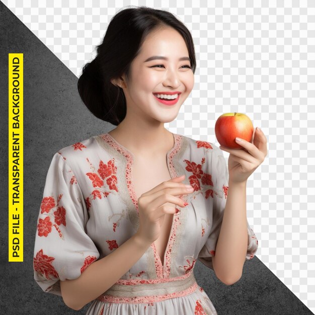 PSD 伝統的な衣装を着た笑顔の若い日本女性が透明な背景にリンゴを食べている psd