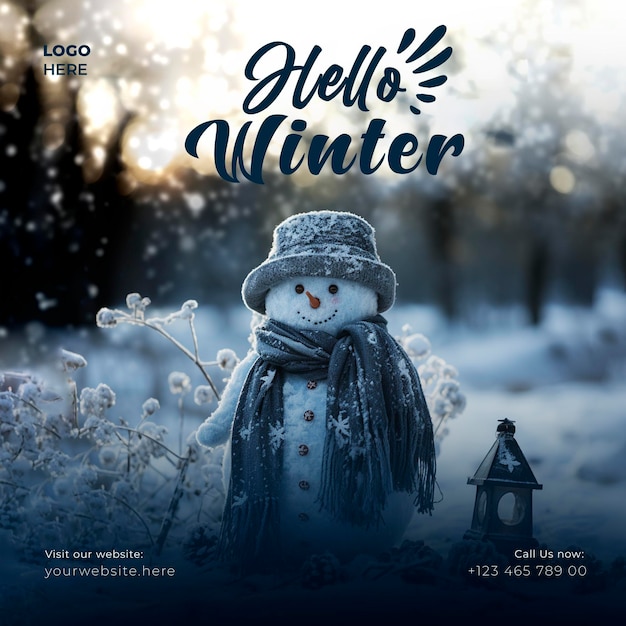 눈  ⁇ 인 풍경의 스노우맨 겨울 밤 보기 소셜 미디어 배너 포스트 템플릿 디자인