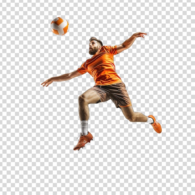 PSD Футболист в оранжевой рубашке и шортах пинает мяч.