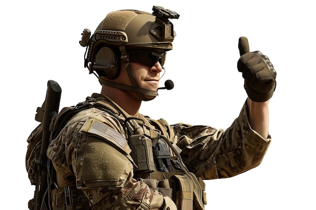 PSD 한 군인 은 투명 한 배경 에 손가락 을 올리면서 승인 을 나타 ⁇ 니다