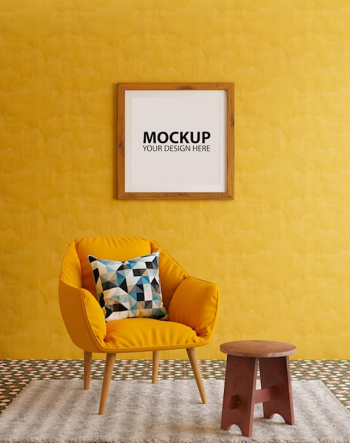 a square shaped empty wooden photo frame mockup hanging on yellow wall