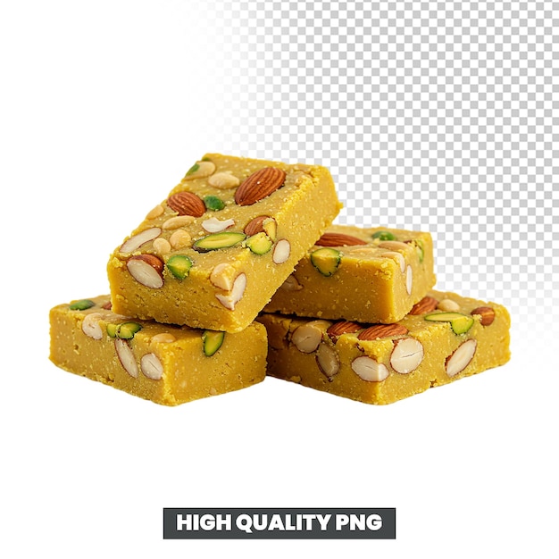 A stack of rectangular pieces of barfi decorated with almonds and pistachios