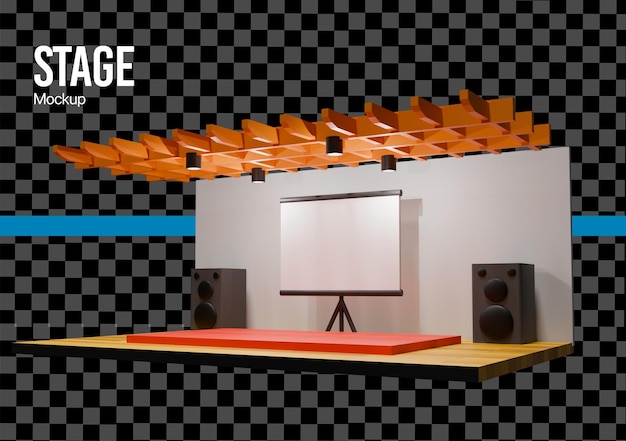 a stage with a speaker on it with red carpet and presentation screen