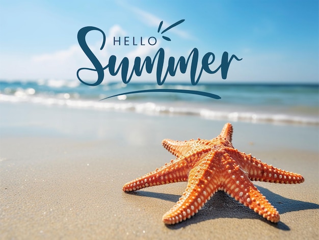 PSD hello summer라는 단어가 있는 해변의 불가사리