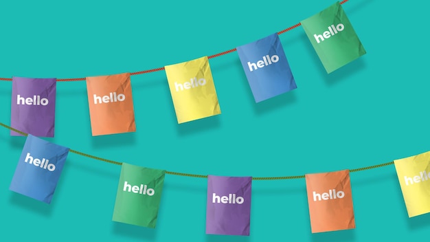 a string of colorful flags with the word hello on them