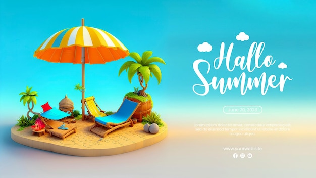 PSD Летний постер с шезлонгом и пальмой на пляже