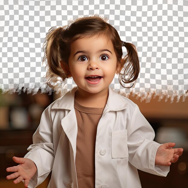PSD Удивленная девочка дошкольного возраста с короткими волосами из западной азиатской этнической группы, одетая в одежду помощника врача, позирует в стиле спинной арки с руками на бедрах на пастельно-бежевом фоне