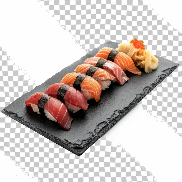 PSD a sushi with different types of sushi on a black mat