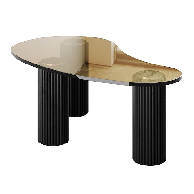 A table with a mirror on it The table is made of wood and has a black base
