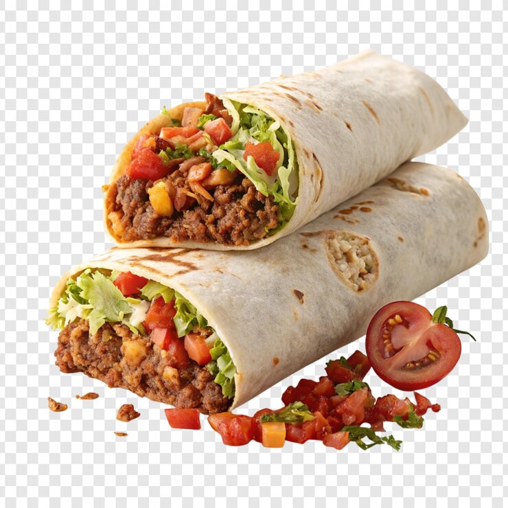 A taco with Mexican burrito ground beef filling diced tomatoes shredded