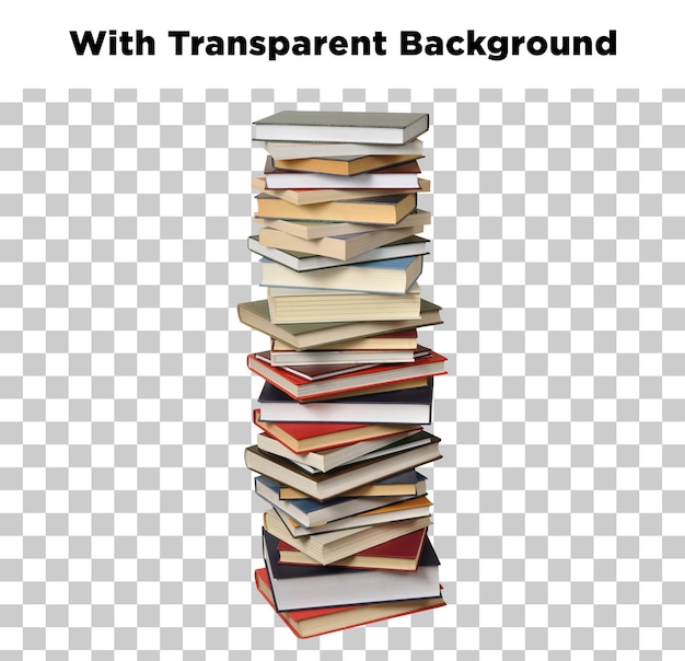 a tall stack of assorted books with a transparent background