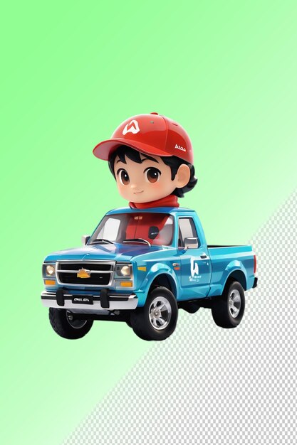 PSD Игрушечная машина с красной шапкой и мальчик в красной шляпе едет на синем пикапе