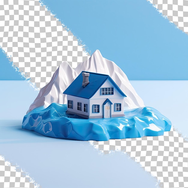 PSD 氷河の上にある青い屋根のおもちゃの家