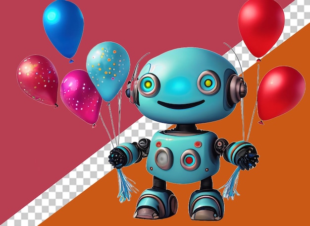 Игрушечный робот держит в руке три воздушных шара.