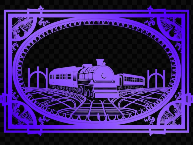 PSD 紫色の背景の線路に列車が走っている