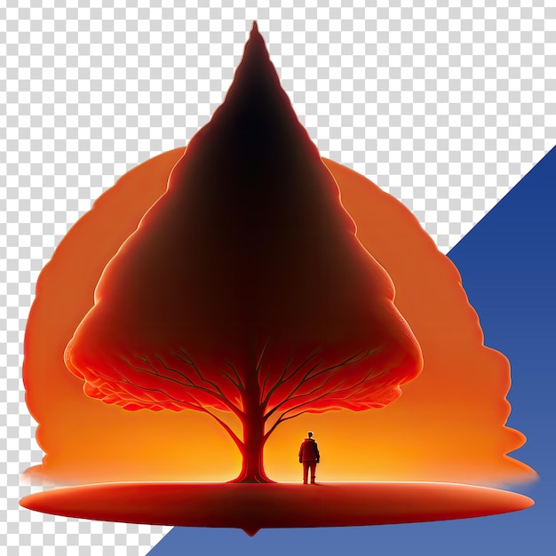 PSD 赤い夕暮れの背景に木と男のシルエットが描かれています