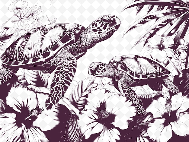 PSD Черепаха и черепаха на цветочном фоне