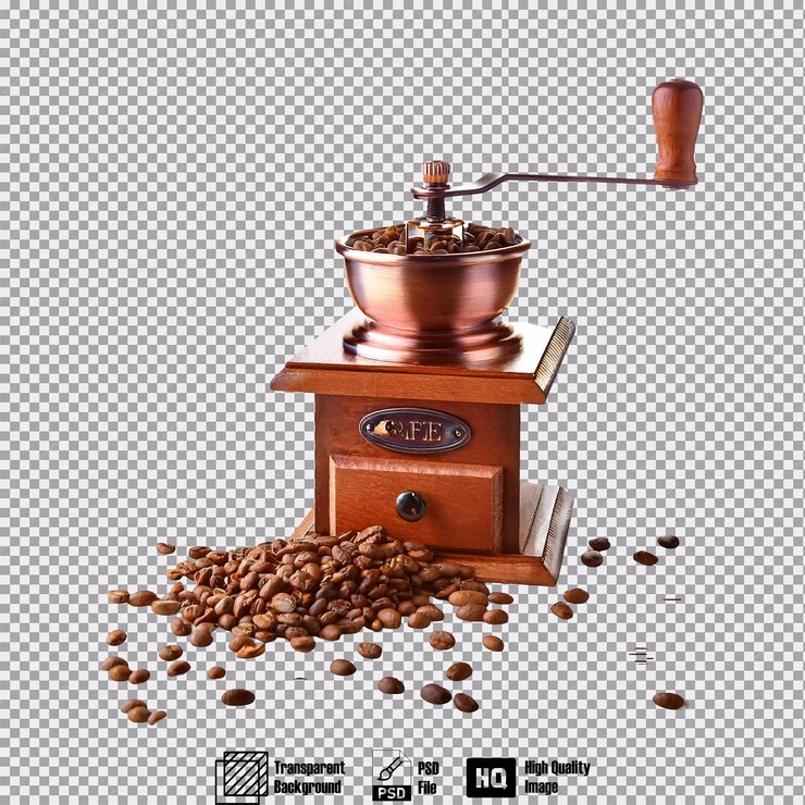 PSD a vintage coffee grinder with coffee beans spilling out