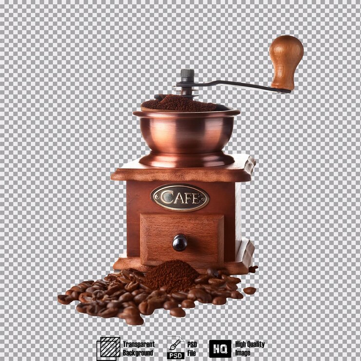 PSD a vintage coffee grinder with coffee beans spilling out