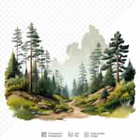PSD 山を背景にした松の木と山の水彩画。
