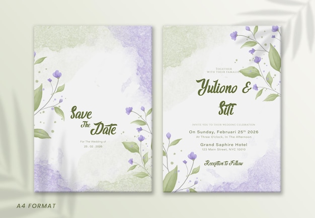 PSD Приглашение на свадьбу с фиолетовыми цветами и зелеными листьями.