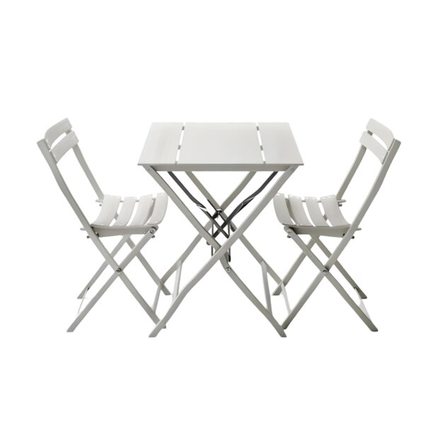 A white folding table and two matching chairs with slatted seats and backs all in a simple minimal