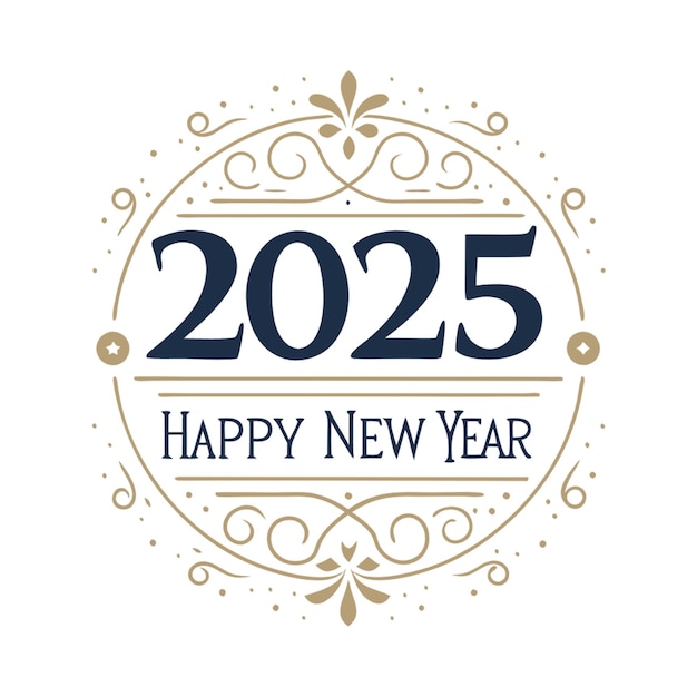 a white logo with a gold border and a gold design with a picture of a happy new year