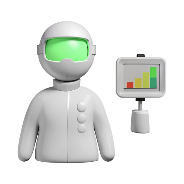 a white robot with goggles and a monitor with a computer screen behind it