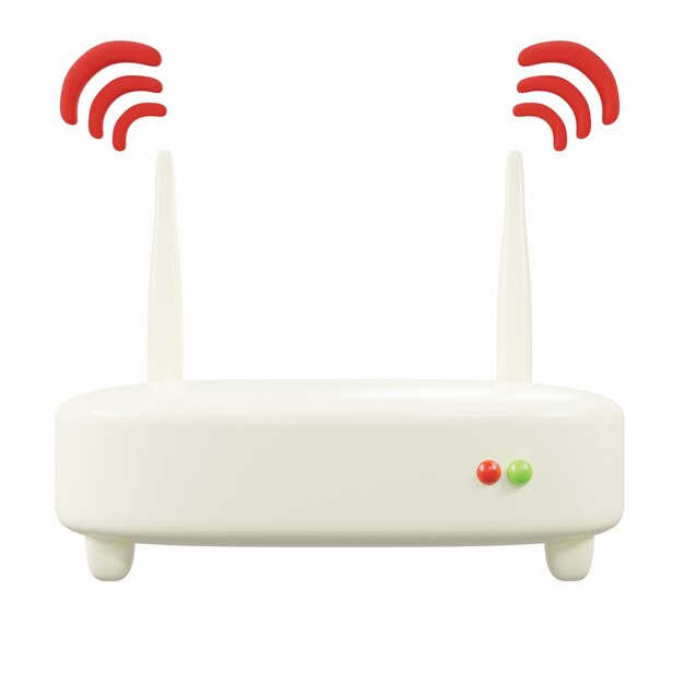 A white router with red and green buttons and a red symbol on the bottom.