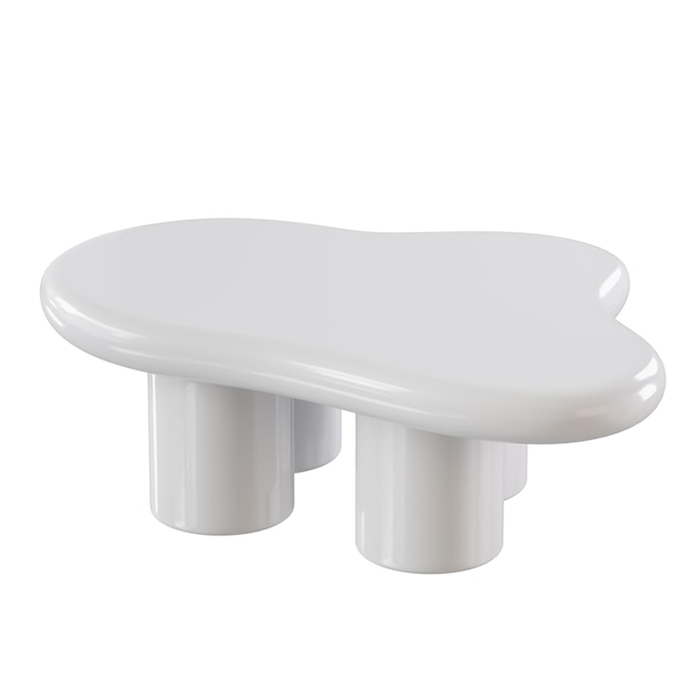 A white table with four legs and a curved top The table is white and has a unique shape