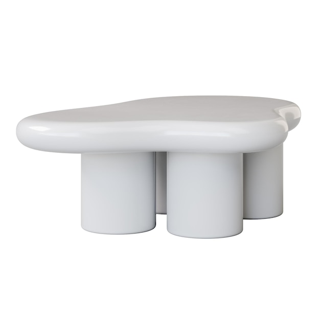 A white table with four legs and a curved top The table is white and has a unique shape