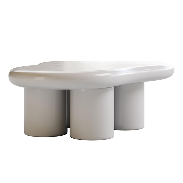 A white table with three legs and a curved top The table is white and has a modern look