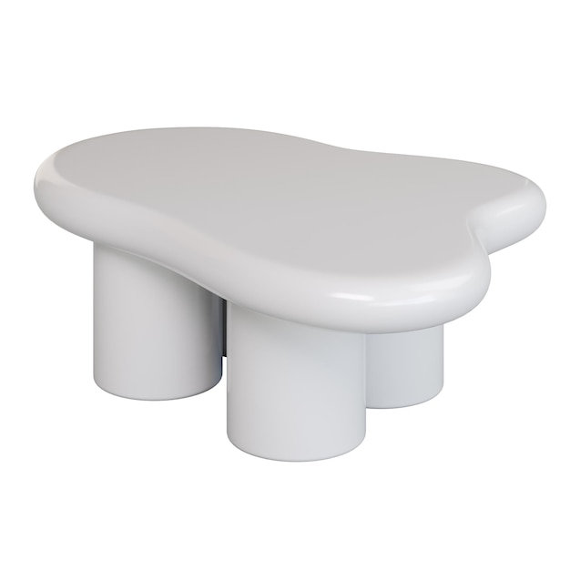 A white table with three legs and a rounded top The table is white and has a unique shape