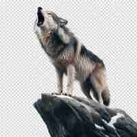PSD 狼は透明な紙の背景で岩の上にいます
