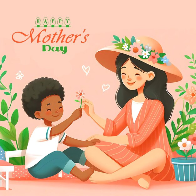 PSD Женщина и ребенок сидят на полу и счастливого дня матери