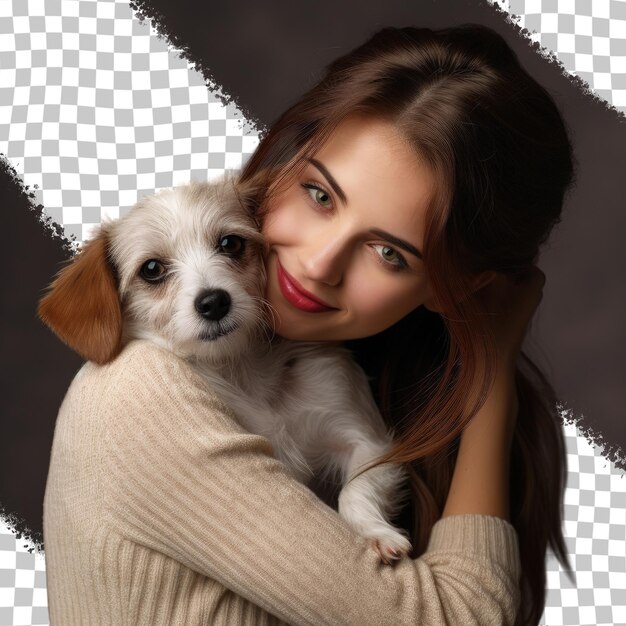 PSD Женщина с собакой на руках с черным фоном с белой точкой слева.