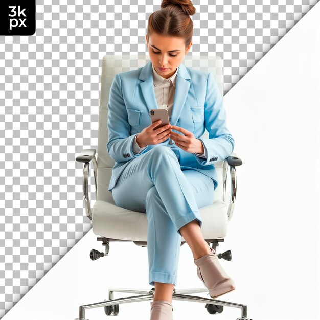 PSD Женщина в синем костюме сидит в кресле с телефоном перед ним