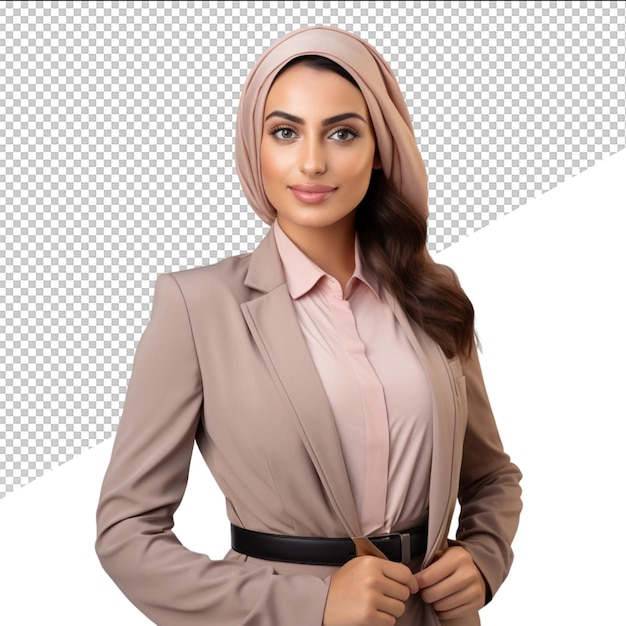 PSD a woman in a brown suit stands in front of a white background with a black belt around her neck