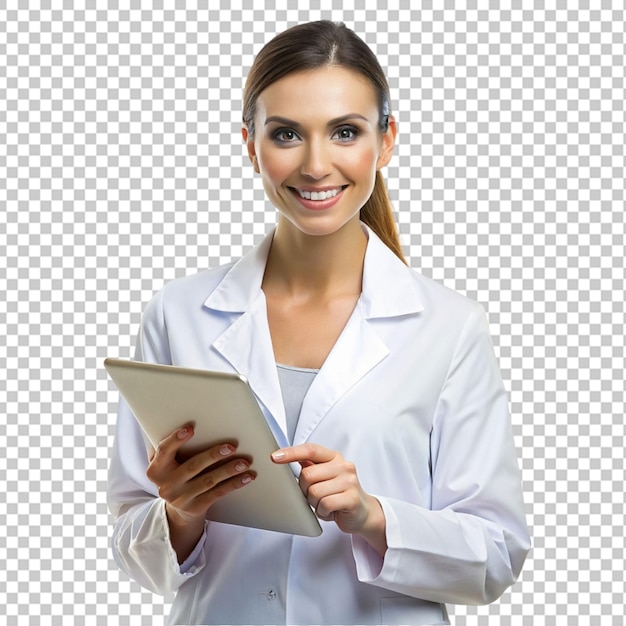 Женщина в лабораторном пальто держит таблетку