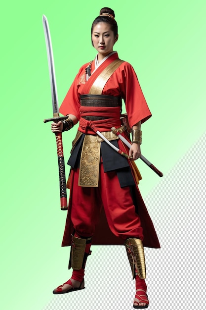 Женщина в красном кимоно с мечом в руке