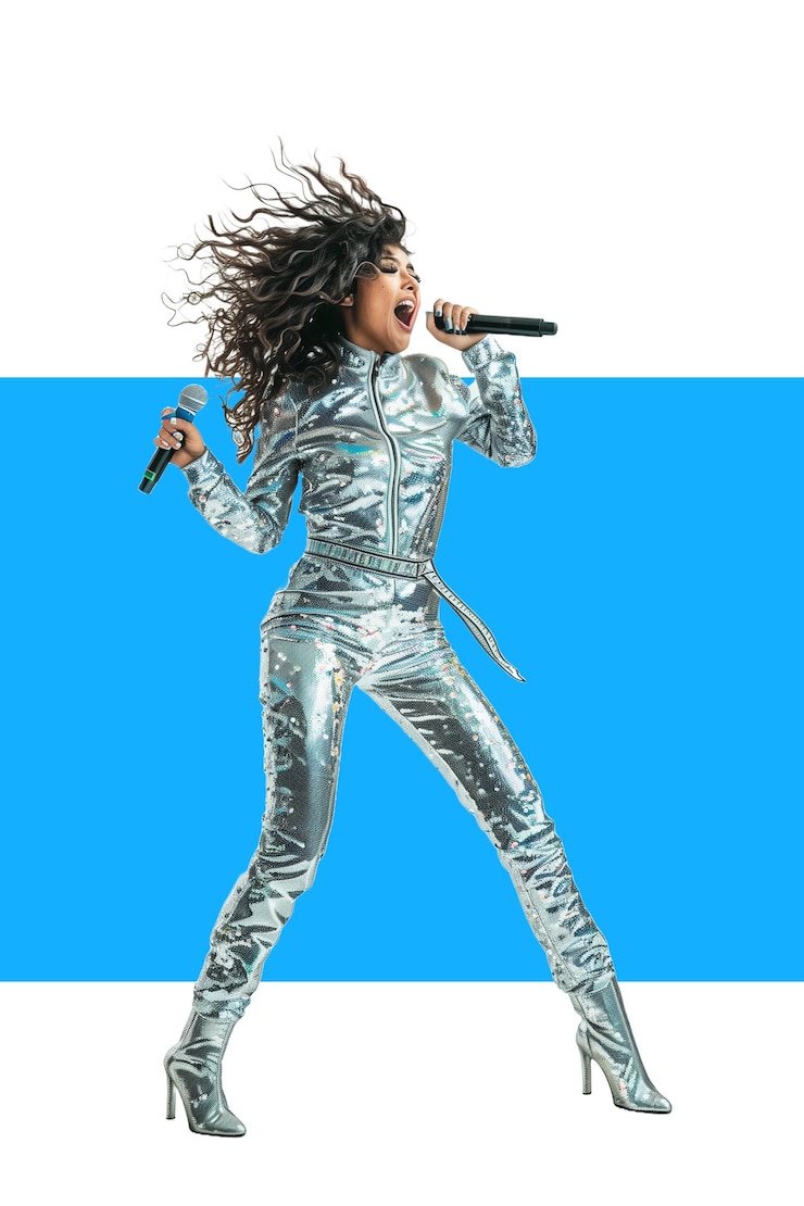 A woman in silver sequined jumpsuit sings with passion
