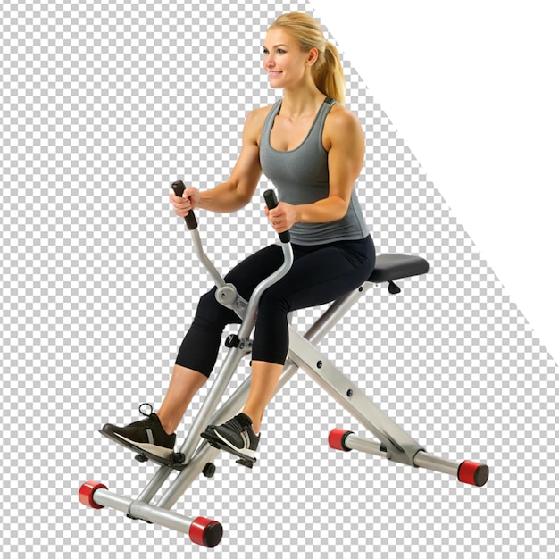 a woman is riding an exercise bike with a red handle