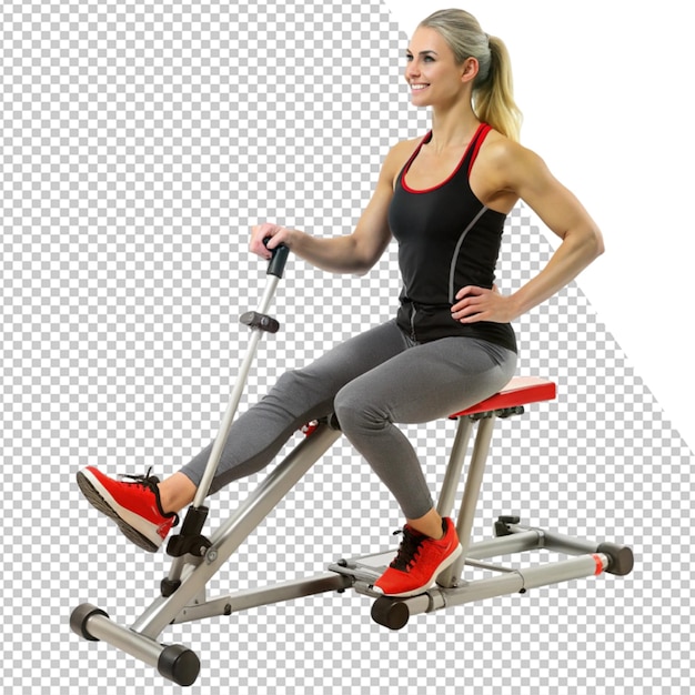 a woman is riding an exercise bike with a red top