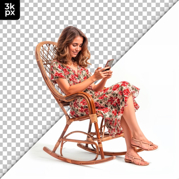 PSD Женщина сидит в кресле с телефоном в руке.