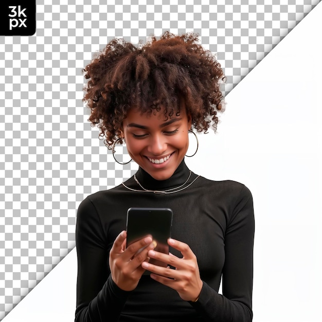 PSD Женщина улыбается и держит телефон с буквами k - x на нем