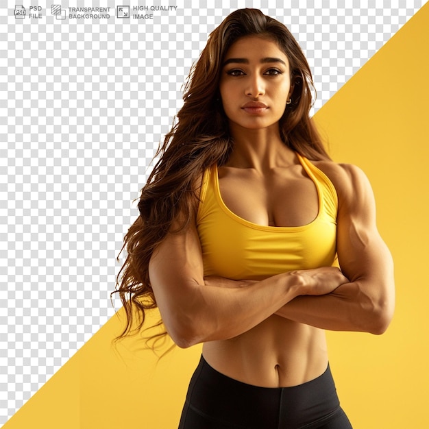 PSD Женщина показывает свои мышцы со словами фитнес и фитнес на спине