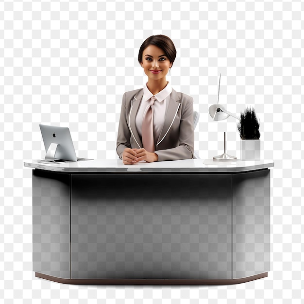 PSD 한 여성이 노트북과 모자를 들고 책상에 앉아 있다.
