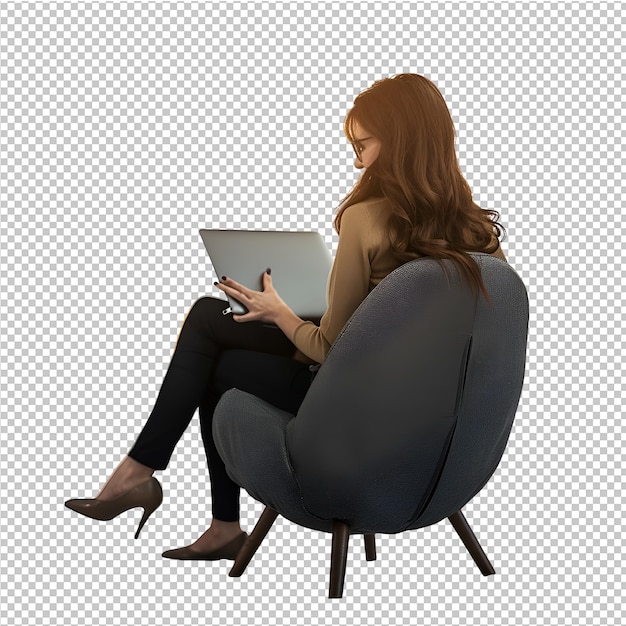 PSD 한 여성이 무에 노트북을 들고 의자에 앉아 있다.